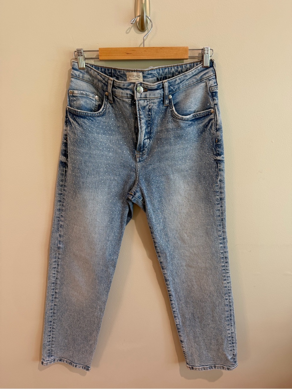 Pilcro Washed Light Blue Cropped Ankle Jeans with Rhinestones